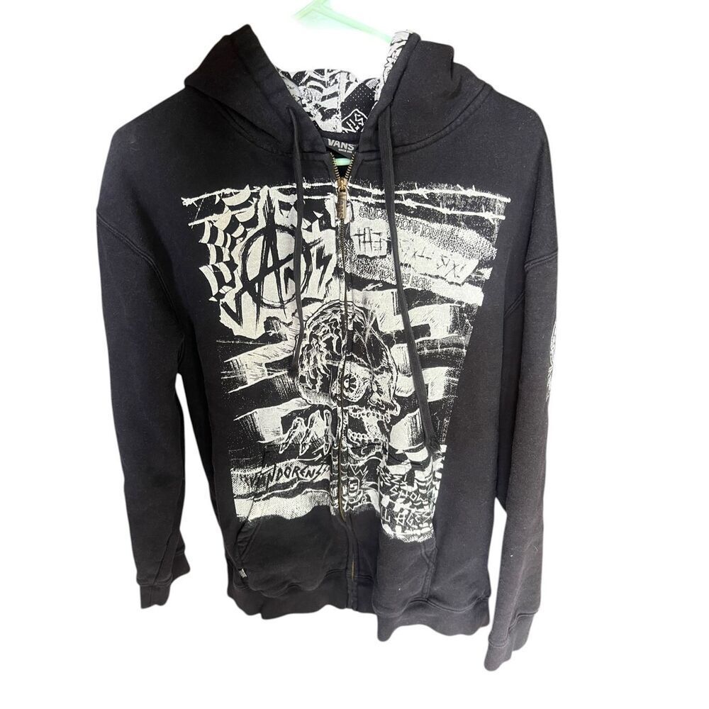 VANS Large black zip-up prominent graphic skull chaotic graffiti skater hoodie
